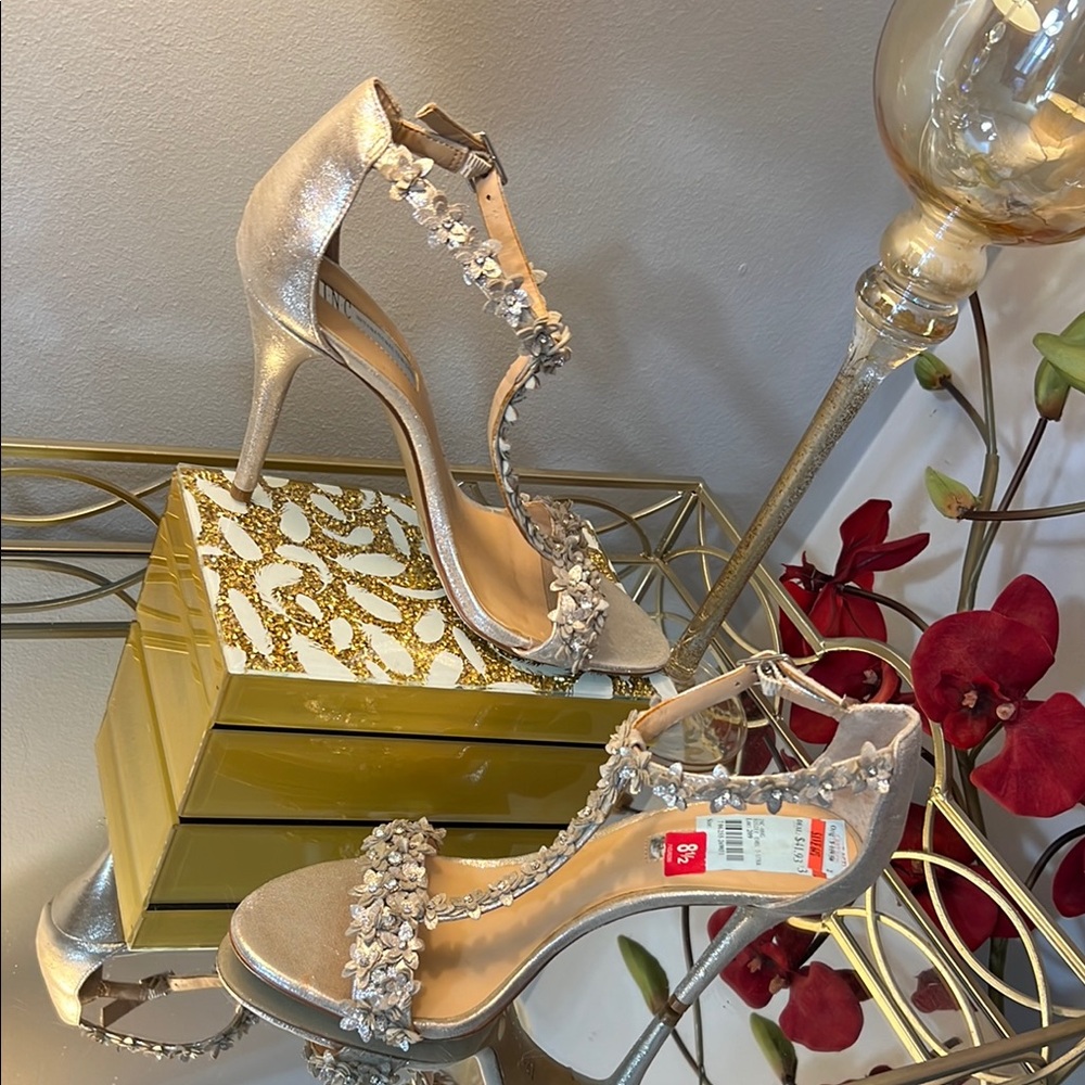 INC International Concepts Silver Strappy Heels with Floral Embellishments